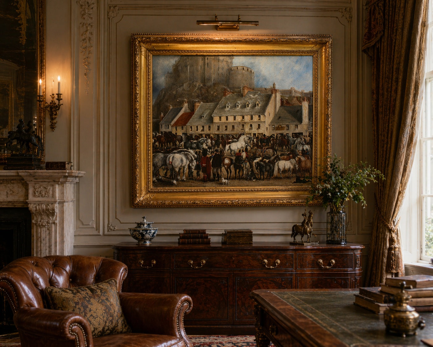 19th Century Oil Painting of Edinburgh Grassmarket with Castle