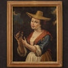 Antique Italian painting portrait of a girl with a goldfinch from 18th century