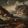 Antique painting landscape with characters from 18th century