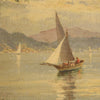 French signed painting view of the lake with boats