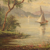 French signed painting view of the lake with boats