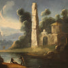 Antique painting river landscape with ruins and fishermen from the 18th century
