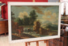 Ancient Italian painting depicting landscape with 18th century hunters