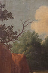 Ancient Italian painting depicting landscape with 18th century hunters