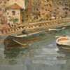 Italian landscape painting view of river with boats